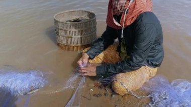 Kampong - Kamboçya - 03 - 09 - 2015 Balıkçı kadın kapana kısılmış balıkları alıp bambu sepetine koydu