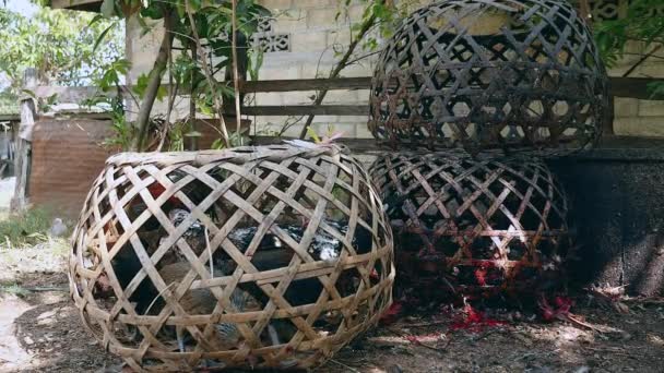 Бамбуковые клетки для живых и мертвых птиц — стоковое видео