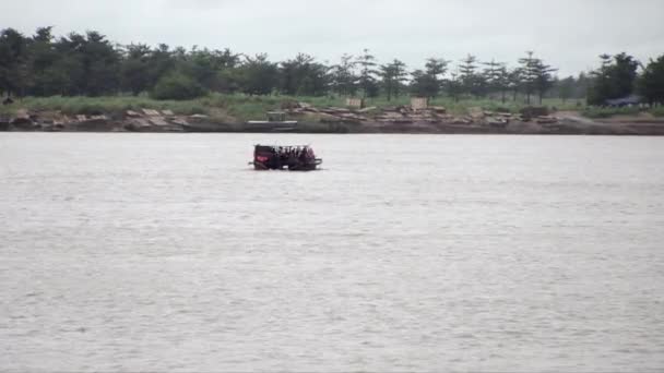 Back View Ferry Boat Crossing River Passengers — Stock Video