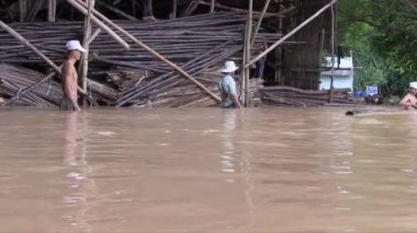  Su basmış bir depoda bambu direkleri yükleyen işçiler.