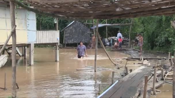 Ponte Makeshift Feita Bambu Através Uma Aldeia Inundada Durante Estação — Vídeo de Stock