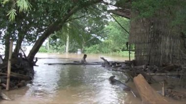Su basmış bir depoda bambu direkleri yükleyen işçiler.