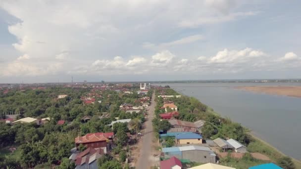 Drone Flight Road Rural Village Mekong River Right Side — Video