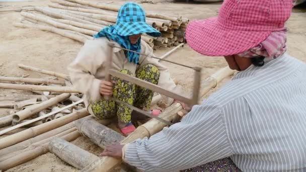 Vicino Due Donne Che Segano Gambo Bambù Sul Banco Sabbia — Video Stock