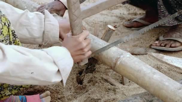 Zblízka Dvě Ženy Řezání Bambusu Stonek Pískovišti — Stock video