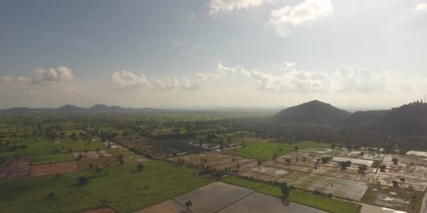 Luchtfoto Drone Vlieg Terug Prachtige Uitzichten Groene Rijstvelden Omringd Door — Stockvideo