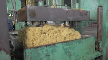 Kauçuk, hidrolik balya presi kullanılarak 33 kg bloğa sıkıştırılır (fabrikanın içinde).) 