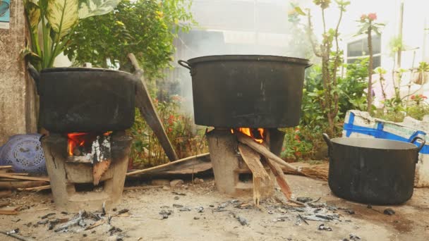 Δύο μαγείρεμα γλάστρες στις παραδοσιακές οικιακές σόμπες κάρβουνο και το ξύλο (κοντινό πλάνο) — Αρχείο Βίντεο
