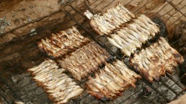İn-yer Barbekü (yakın çekim üzerinde küçük balık şiş ızgara)
