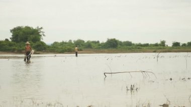 Balıkçı sudan net alarak ve yürüme sığ sularda geri