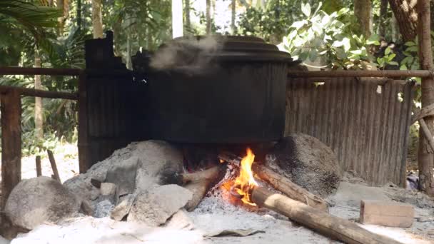 Grande casserole de cuisson sur feu ouvert sur bois et pierre — Video