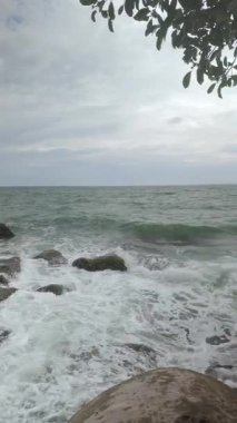 Ağaç yapraklarından bir gölgelik, bulutlu bir günde kayalara çarpan dalgaların görüntüsünü çerçeveler..