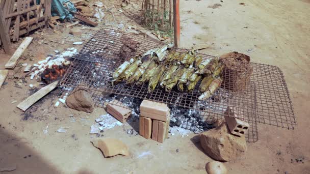 Asar pasteles de arroz de plátano a la parrilla sobre una chimenea y una barbacoa improvisada — Vídeos de Stock