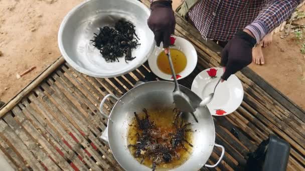 Vrouw neemt gefrituurde tarantula 's uit een wok en doet ze in een kom — Stockvideo