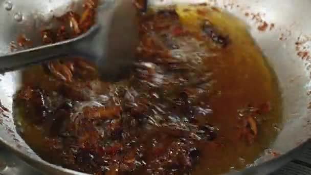 Mulher mexendo gafanhotos fritos dentro de um wok usando uma espátula de metal — Vídeo de Stock