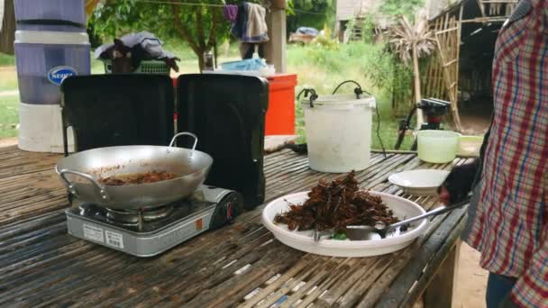 Saltamontes fritos en cocina wok — Vídeos de Stock