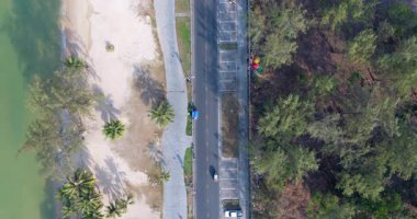 Top down aerial view of a white sand beach, coastal road, and pine trees.
