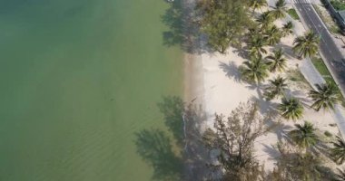 Yukarıdan aşağıya uçan jet ski, muz teknesini tropik sahil boyunca çekiyor, beyaz kum, palmiye ağaçları....