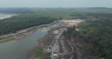İleri hava tahribatı, alüvyonlu göl, kazıcılar ve yoğun ormanı temizleyen kamyonlar..