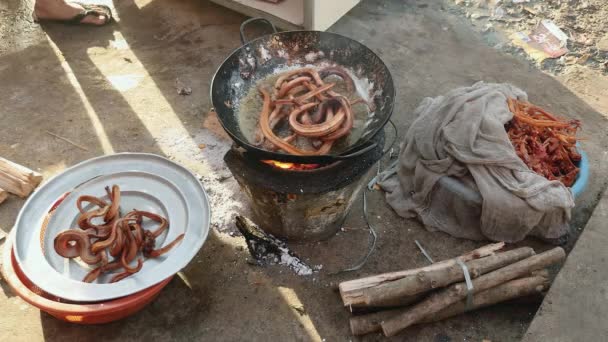 Derin yağda kızartılmış su yılan bir plaka üzerinde ve bir wok pişirme — Stok video