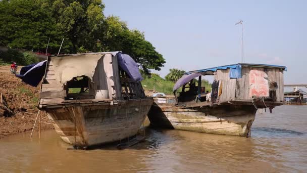 Viejos barcos de madera atados a orillas del río — Vídeo de stock
