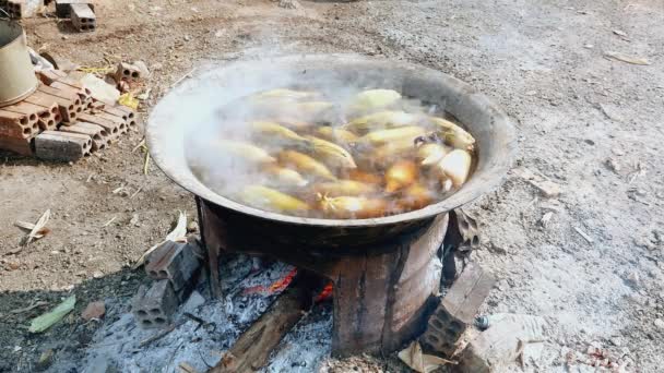 Corn cobs boiling into a large pot over the open fire — Stock Video