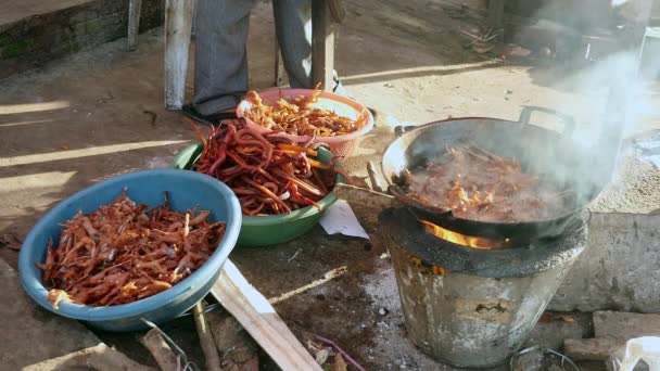 Ev sobası üzerinde wok pişirme derin kızartma kurbağalar — Stok video