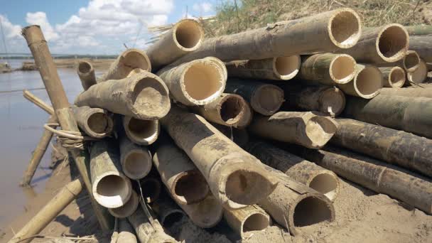 Tiro panorámico a una pila de postes de bambú en la orilla del río (primer plano ) — Vídeos de Stock