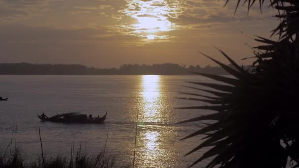 Pequeno barco motorizado que prossegue no rio ao nascer do sol — Vídeo de Stock