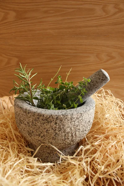 herbs in a stone mortar