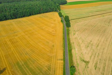 Sudeten etekleri. Çayırlarla, çayırlarla, ağaç kümeleriyle kaplanmış dalgalı bir arazi. Uzakta ufukta dağları görebilirsin. İHA 'dan fotoğraf..