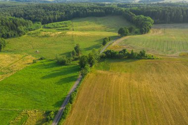 Sudeten etekleri. Çayırlarla, çayırlarla, ağaç kümeleriyle kaplanmış dalgalı bir arazi. Uzakta ufukta dağları görebilirsin. İHA 'dan fotoğraf..