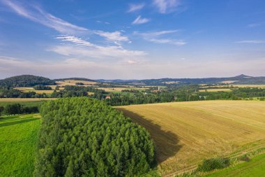 Sudeten etekleri. Çayırlarla, çayırlarla, ağaç kümeleriyle kaplanmış dalgalı bir arazi. Uzakta köyün binalarını ve ufukta dağları görebilirsiniz. İHA 'dan fotoğraf..