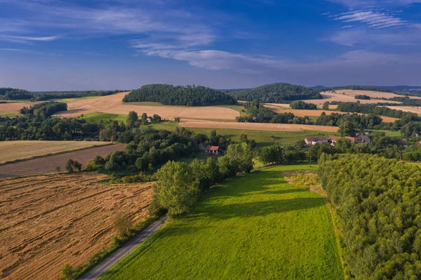 Sudeckie Podnóża Teren Porośnięty Polami Uprawnymi Łąkami Grupami Drzew Oddali — Zdjęcie stockowe