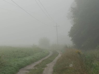 Düz, geniş arazi. Tarlalar ve çayırlar. Yerin üstünde yoğun bir sabah sisi yükseliyor. Düzlükteki nesneler bulanık ve zor görülür..