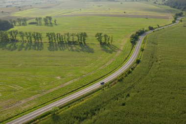 Tarıma elverişli tarlalar ve çayırlarla kaplı dalgalı bir arazi. Sudeten etekleri. Çerçevenin ortasında bir asfalt yol görebilirsiniz. Güneşli bir gün. Fotoğraf yükseklikten dron kullanılarak çekilmiş..