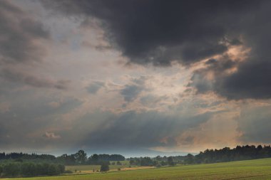 Ovadaki tarlalar ve çayırlar. Ufuktaki Karkonosze Dağlarının sisli zirveleri.