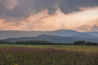 Ovadaki tarlalar ve çayırlar. Ufuktaki Karkonosze Dağlarının sisli zirveleri.