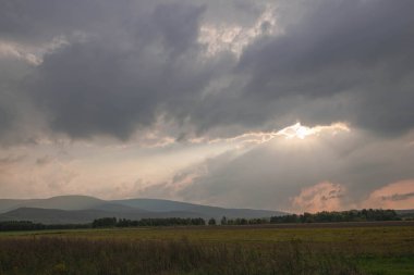 Ovadaki tarlalar ve çayırlar. Ufuktaki Karkonosze Dağlarının sisli zirveleri.