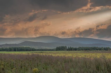 Ovadaki tarlalar ve çayırlar. Ufuktaki Karkonosze Dağlarının sisli zirveleri.