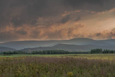 Ovadaki tarlalar ve çayırlar. Ufuktaki Karkonosze Dağlarının sisli zirveleri.