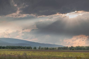 Ovadaki tarlalar ve çayırlar. Ufuktaki Karkonosze Dağlarının sisli zirveleri.