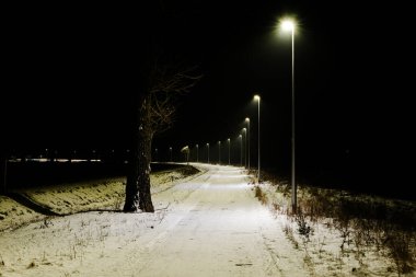 Ana yolun yanında bir bisiklet yolu. Kış mevsimindeyiz ve yüzey beyaz kar tabakasıyla kaplı. Gece oldu ve bir sıra LED lamba karanlığı aydınlatıyor. Işıkları düşen karı ortaya çıkarıyor..