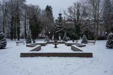 Kış günü bir park. Zemin, yollar, ağaçlar ve banklar karla kaplı..