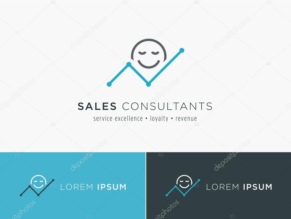 Sales consultant, sales trainer or mystery shopper company logo. Customer satisfaction and growing revenue chart symbol.