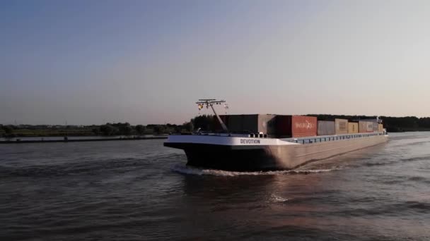 Low Aerial View Port Bow Side Devotion Cargo Ship Travelling — Stock Video