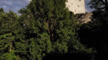 Avusturya 'nın Kaprun kentindeki Orman Dağları' nda yemyeşil ağaçlar şatoyu gözler önüne serdi. - Eğik çekim.