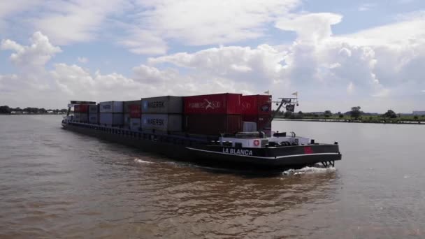 Aerial Starboard Side Blanca Cargo Ship Navigating Oude Maas Close — Stock Video