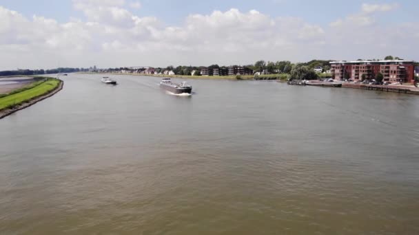 Aerial River Noord Inland Tankers Navigating Alblasserdam Dolly Forward — Stock Video
