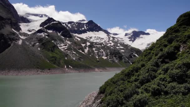 Panorama Waterfallboden Reservoir Mountains Kaprun Rakousko Anténní Letoun — Stock video